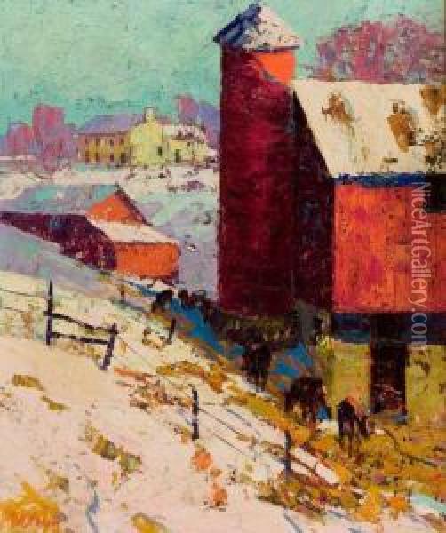 The Red Barn In Winter Oil Painting - George Herbert Baker