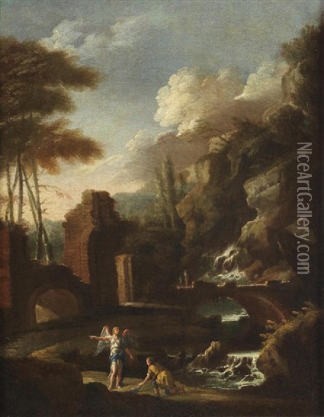 A River Landscape With Tobias And The Angel; And A River Landscape With Jacob Wrestling The Angel (2) Oil Painting - Salvator Rosa