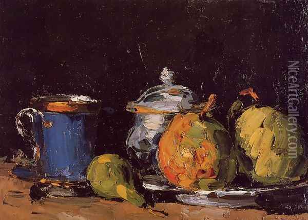 Sugar Bowl Pears And Blue Cup Oil Painting - Paul Cezanne