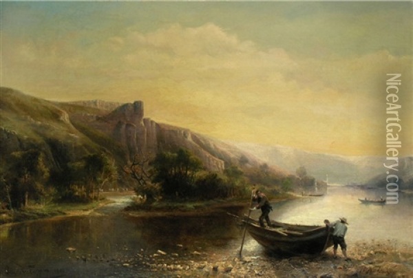 Flusslandschaft Mit Fischern Und Fahrleuten Oil Painting - Gerard Joseph Adrian van Luppen