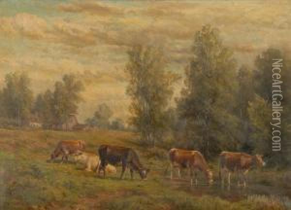 Cows At A Watering Hole Oil Painting - Thomas Bigelow Craig