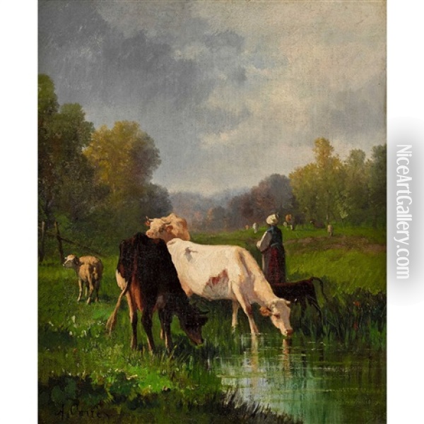 Kuhe Und Hirtin Am Ufer Eines Gewassers Oil Painting - Andres Cortes y Aguilar