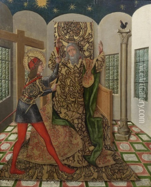 A Young Warrior Saint With An Elderly Bearded Man Enthroned In An Interior Oil Painting -  Perea Master