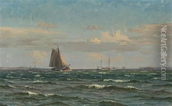 Coastal Scene With Ships At Sea Oil Painting - Vilhelm Karl Ferdinand Arnesen