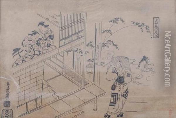 Zwei Damen Auf Der Veranda, Vor Dem Haus Ein Schauspieler. Oil Painting - Torii Kiyomasu