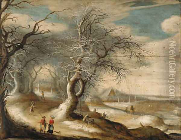 A winter wooded landscape with faggot-gatherers and peasants on paths Oil Painting - Gijsbrecht Leytens