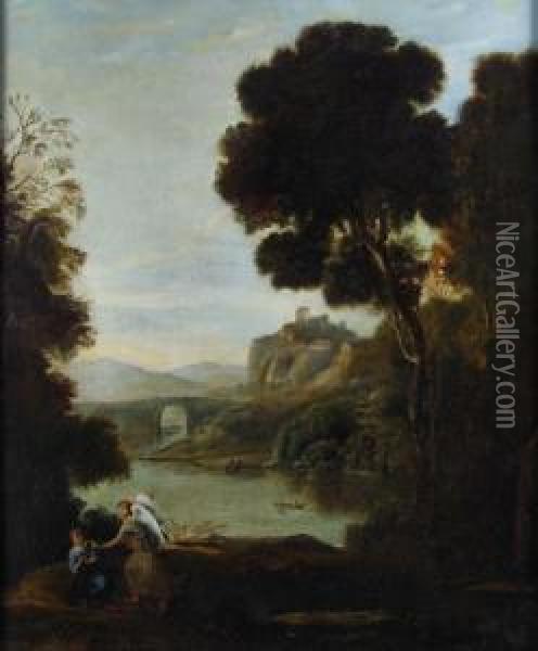 Pastoral River Landscape With An Angel And A Figure To Foreground Oil Painting - R. Wilson