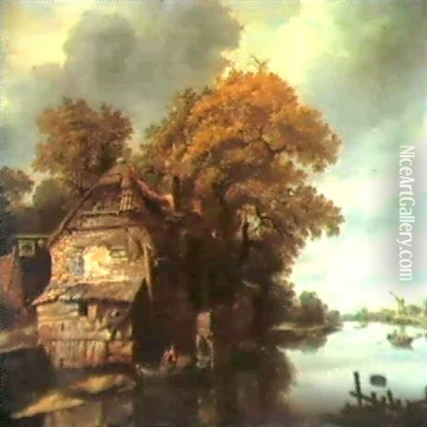 A Lowland River Landscape: To The Left A Thatched Inn... Oil Painting - Cornelis Gerritsz Decker