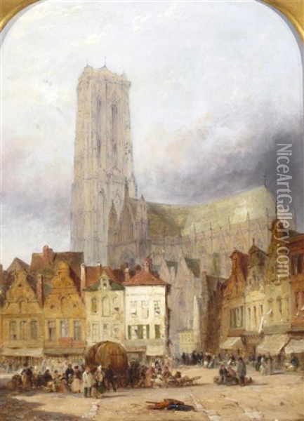 Cathedral At Malines From Groot Markt Oil Painting - Lewis John Wood