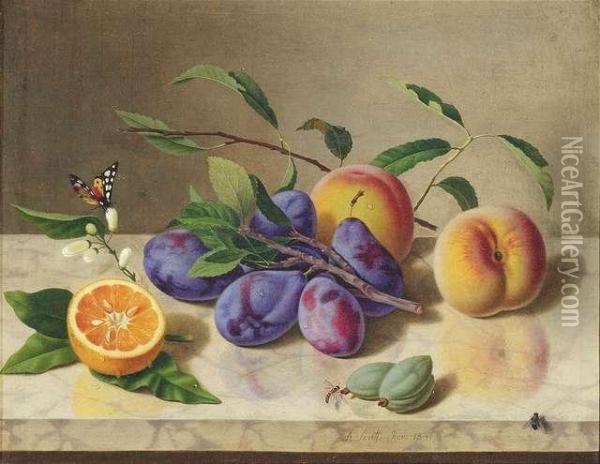 Senff, Adolf. Still-life With Plums, Peaches, Date And An Orange Oil Painting - Carl Adolf Senff