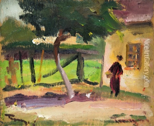 Courtyard, On The Reverse: Draft Of A Cart Oil Painting - Janos Tornyai