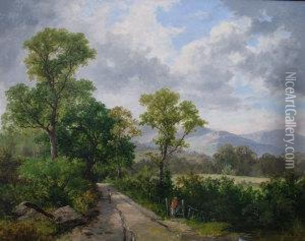 Figures On A Country Path With Woodland And Mountains Beyond Oil Painting - Thomas Stanley Barber