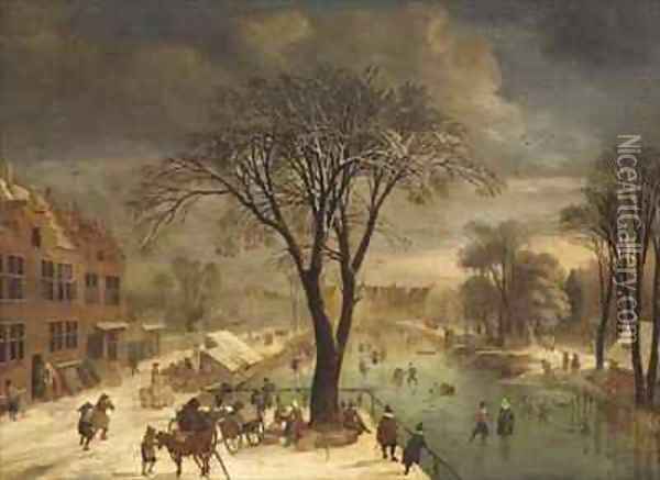 Winter Scene with Skaters on a Frozen River Oil Painting - Jacques Fouquieres