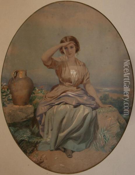 Oval Portrait Of A Young Woman Seated By A Water Carrier Within A Continental Landscape Oil Painting - John Simmons