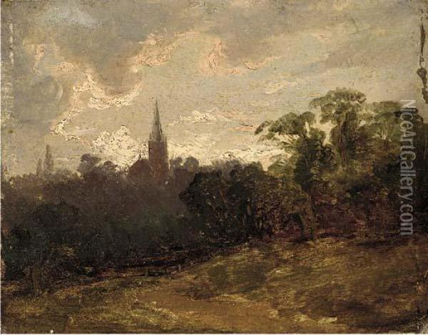 A Wooded Landscape With A Church Beyond Oil Painting - Thomas Gainsborough