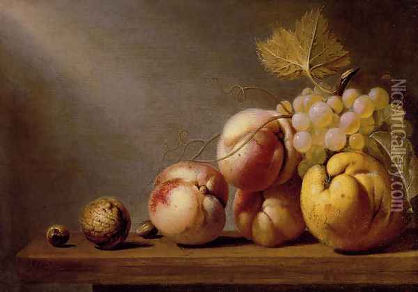 A Still Life Of Paeches, Grapes, A Quince, A Walnut And Two Hazelnuts On A Wooden Table Oil Painting - Harmen Steenwijck