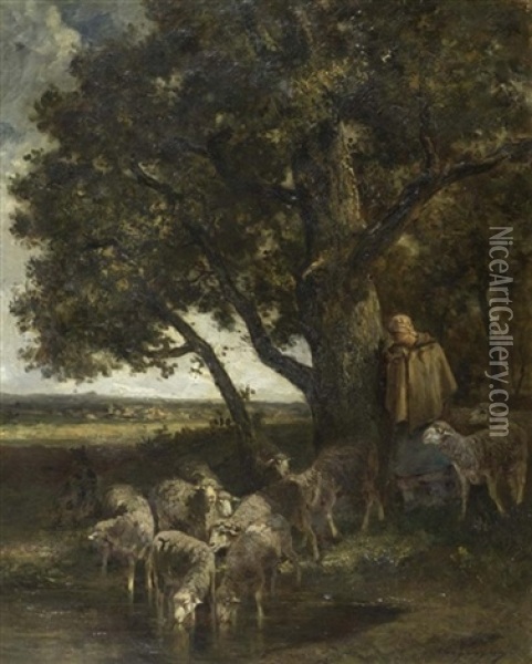 Hirte Mit Schafen Unterm Baum Oil Painting - Charles Emile Jacque