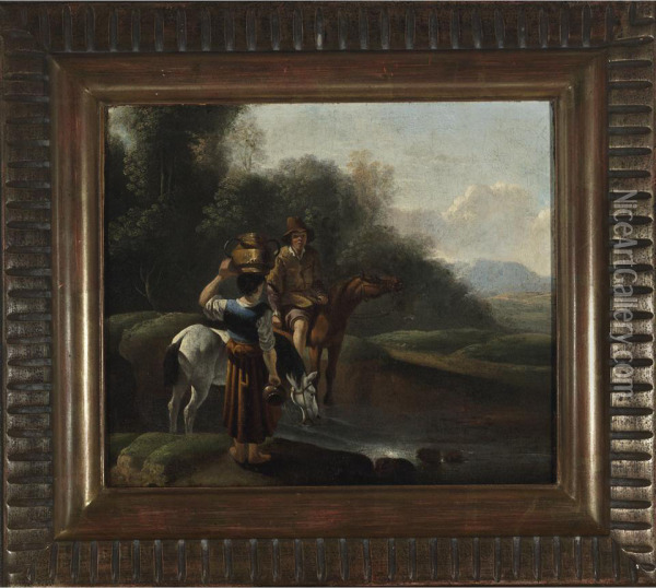 Early Morn (couple With Their Horses Gathering Water In A Landscape) Oil Painting - Karel Dujardin