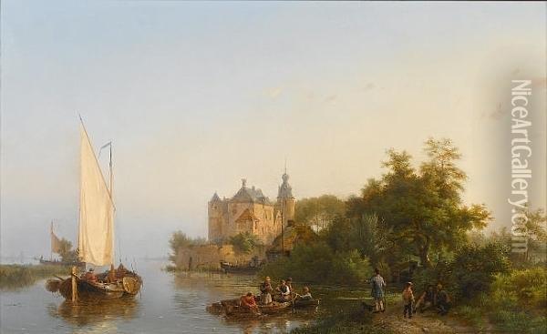Fishing Near A Castle Oil Painting - Hermanus Koekkoek