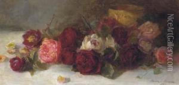 Still Life Of Roses By A Gold Bowl Oil Painting - Louise Ellen Perman