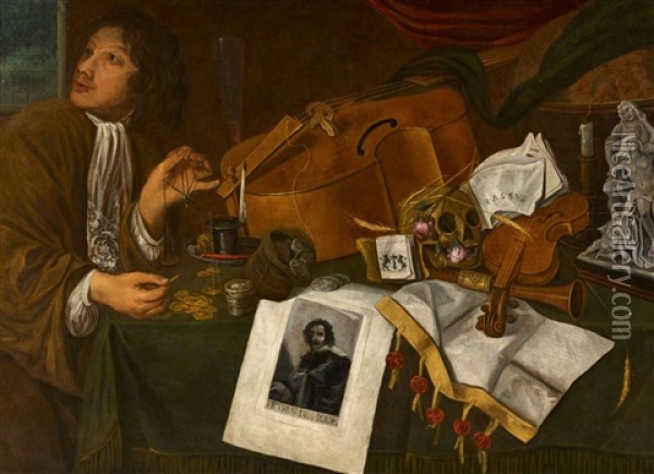 Vanitas Still Life With Musical Instruments Oil Painting - Jacques Grief De Claeuw