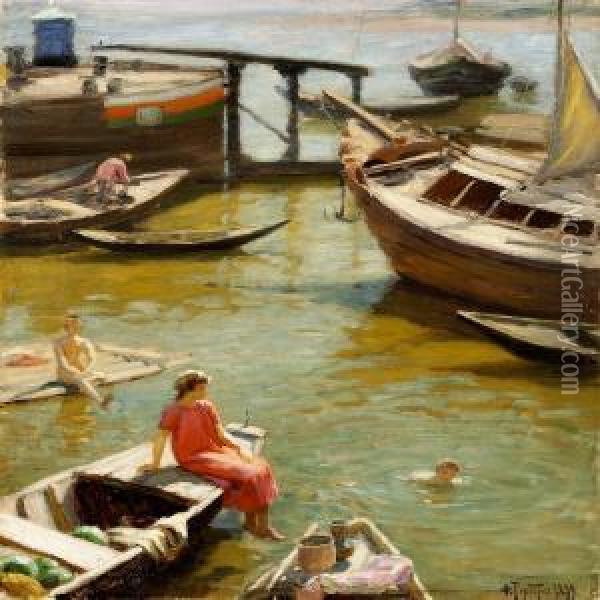 Harbour Scene With Bathing Women Oil Painting - Fedor Ivanovich Rerberg