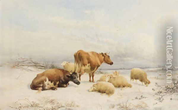 Winter - Sheep And Cattle Oil Painting - Thomas Sidney Cooper