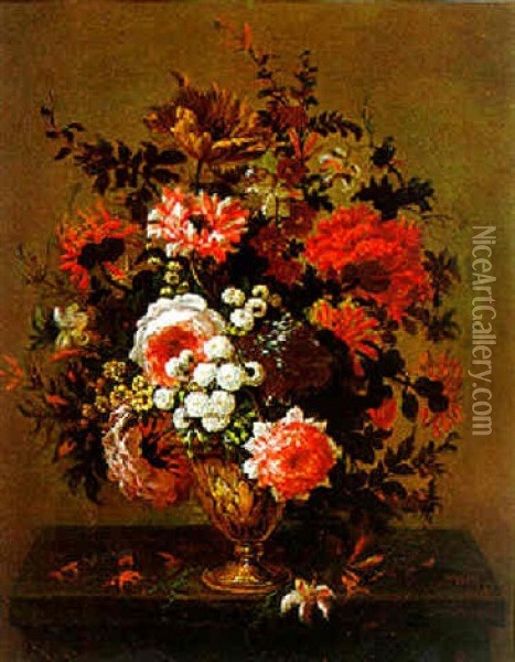 Blumenstraus In Einer Skulpierten Metallvase Oil Painting - Jean-Baptiste Belin de Fontenay the Elder
