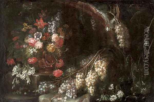Roses, carnations, narcissi and other flowers in a gilt urn with grapes in a wooded clearing Oil Painting - Nicola Malinconico