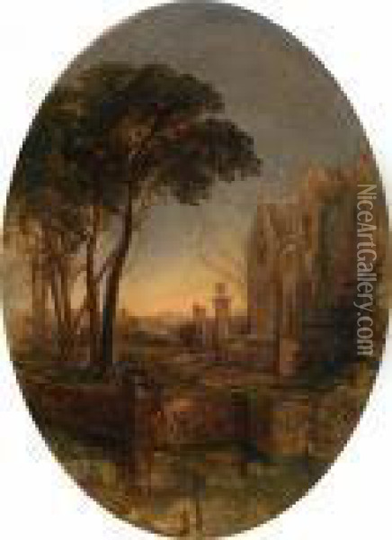 A Moated Manor At Dusk Oil Painting - Thomas Creswick
