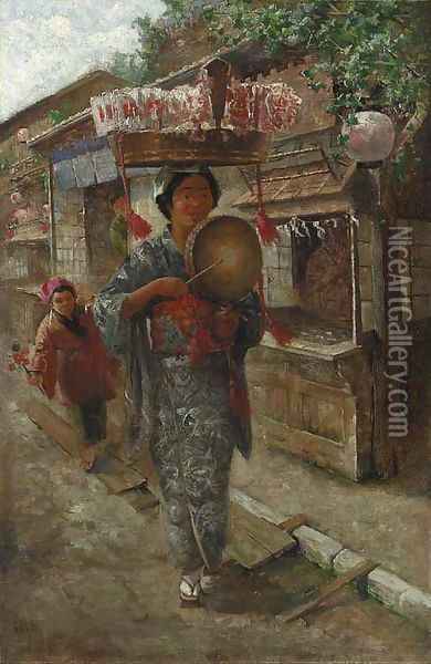 Japanese Street Vendor Oil Painting - John (Charles) Arter