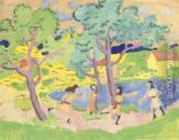 Spielende Kinder Unter Baumen Oil Painting - August Macke