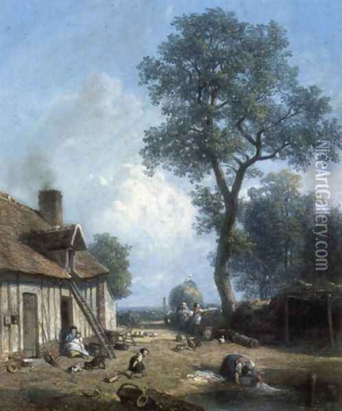 Figures in a Farmyard Oil Painting - Constant Troyon