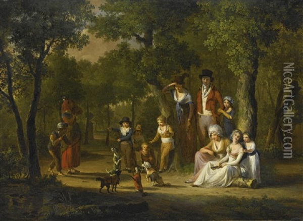 Group Portrait Of A Family In A Woodland Landscape, With Gypsies And Dancing Dogs Oil Painting - William Redmore Bigg