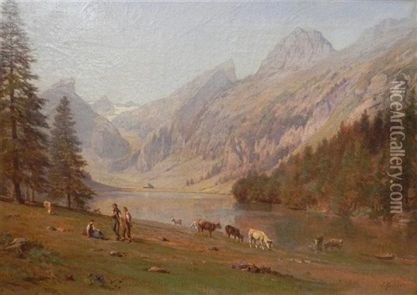 Paysans Et Troupeau Au Lac Oil Painting - Johann-Joseph Geisser