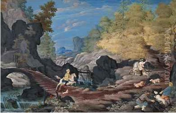 Sauhatz Zu Pferd In Bergiger Oil Painting - Wolfgang Hogler