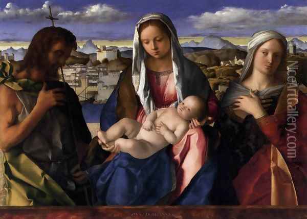 Madonna and Child with St John the Baptist and a Saint Oil Painting - Giovanni Bellini