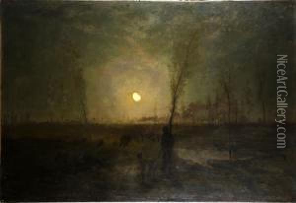 Promeneur Au Clair De Lune. Oil Painting - Adriaan Jozef Heymans
