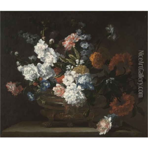 A Still Life Of Flowers Including Peonies, Carnations, Poppies And Auriculae In A Bronze Urn On A Stone Ledge Oil Painting - Jean-Baptiste Monnoyer