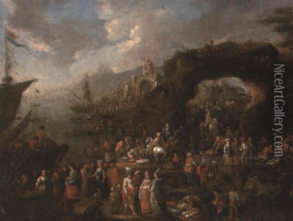An Inlet With Numerous Merchants And Travellers Oil Painting - Peeter van Bredael