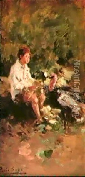 A Young Boy With Turkeys Oil Painting - Paolo Sala