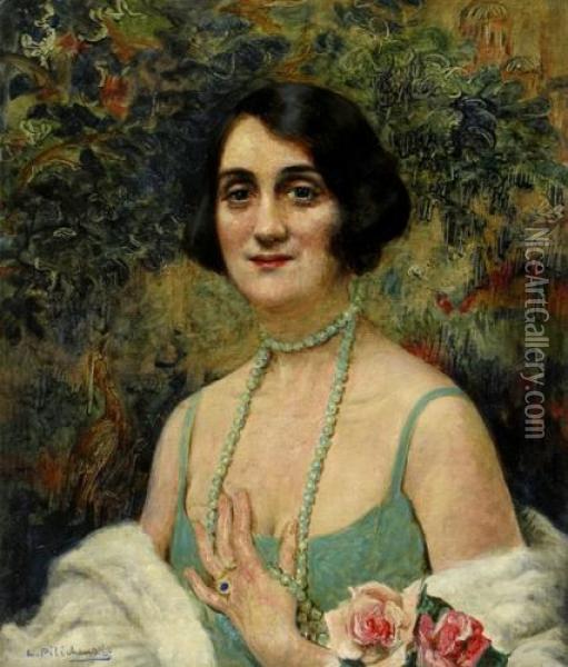 Woman With A Beaded Necklace Oil Painting - Leopold Pilichowski