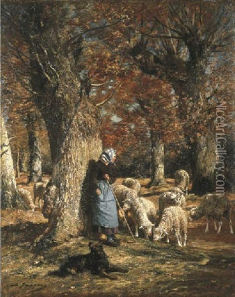 A Shepherdess Tending Her Flock Oil Painting - Charles Emile Jacque