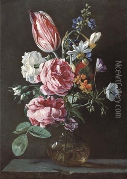 Roses, A Parrot Tulip, Narcissi And Other Flowers In A Glass Vase On A Stone Ledge Oil Painting - Jan van den Hecke the Elder