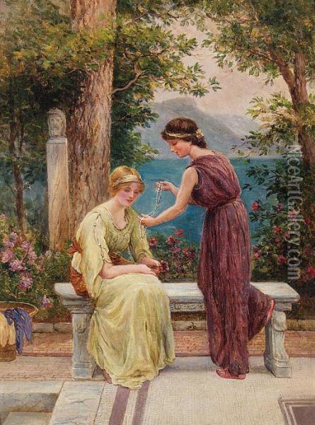 Maidens In An Italianate Garden Oil Painting - Gilbert Bryce
