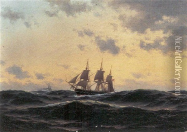 Marine Med Skibe Pa Havet Henunder Aften Oil Painting - Carl Emil Baagoe