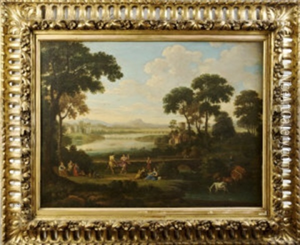 Figures Dancing In An Arcadian Landscape With Distant Castle And River Oil Painting - Claude Lorrain