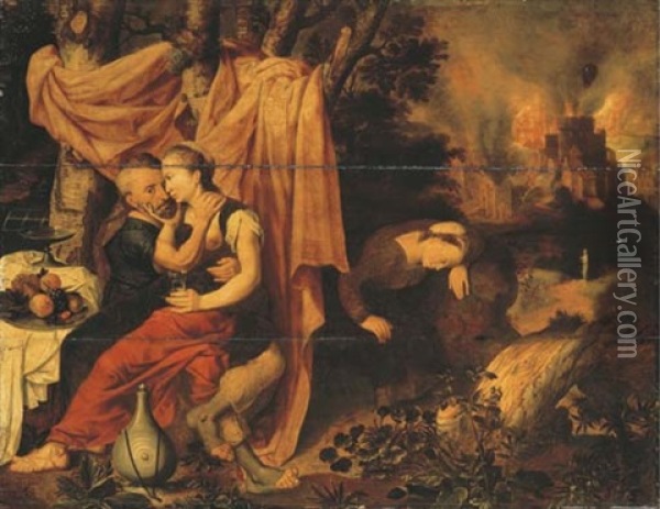 Lot And His Daughters, The Destruction Of Sodom And Gomorrah Beyond Oil Painting - Pieter Jansz Pourbus