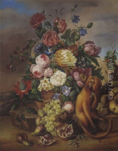 Groses, Dekoratives Mit Sitzendem Affen Oil Painting - Franz Xaver Petter
