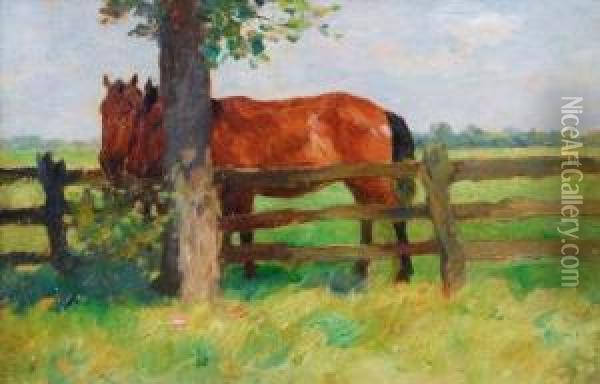 Zwei Pferde Am Weidezaun Oil Painting - Thomas Ludwig Herbst